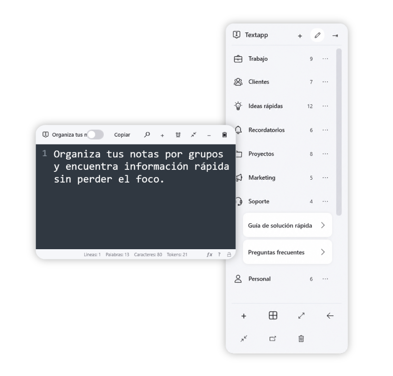 Panel de organización de Textapp con cajonera lateral de notas
